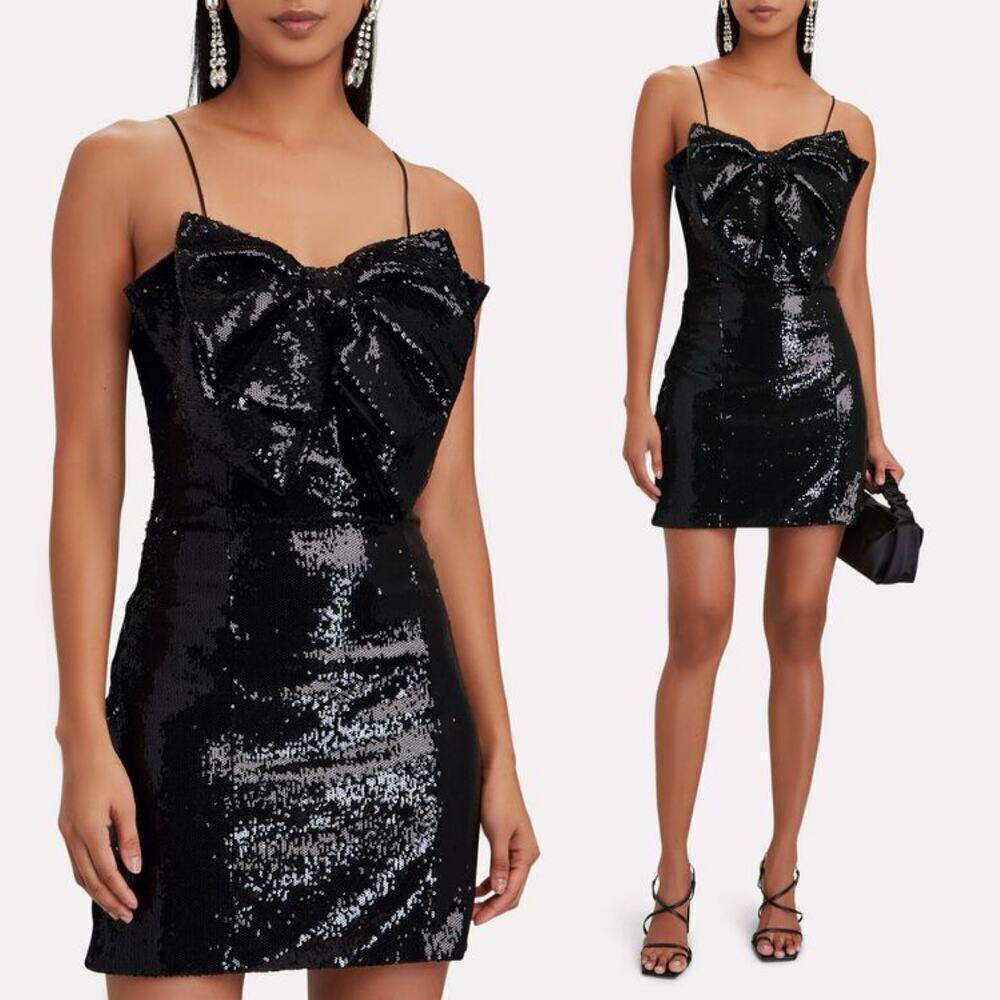 Ronny Kobo NWT Hazel Sequined Big Bow Silk Mini Dress Black Size Large Bodycon